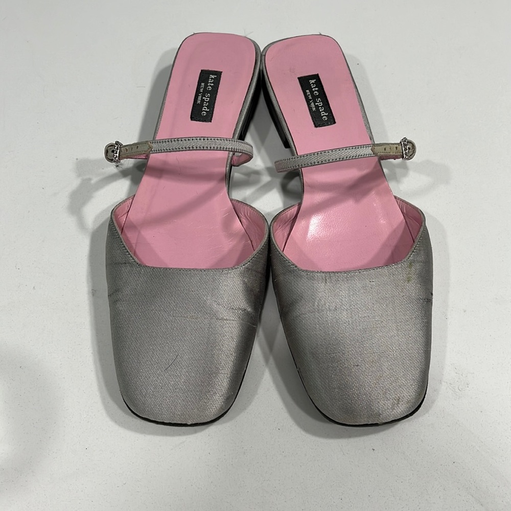 Kate Spade Soft Gray Dupioni Silk Square Toe Strap Low Heel